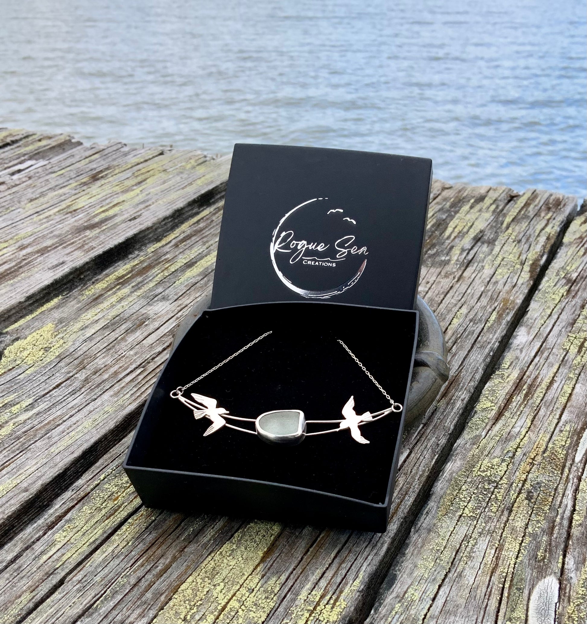 Coastal Call necklace with seagulls and Sea glass