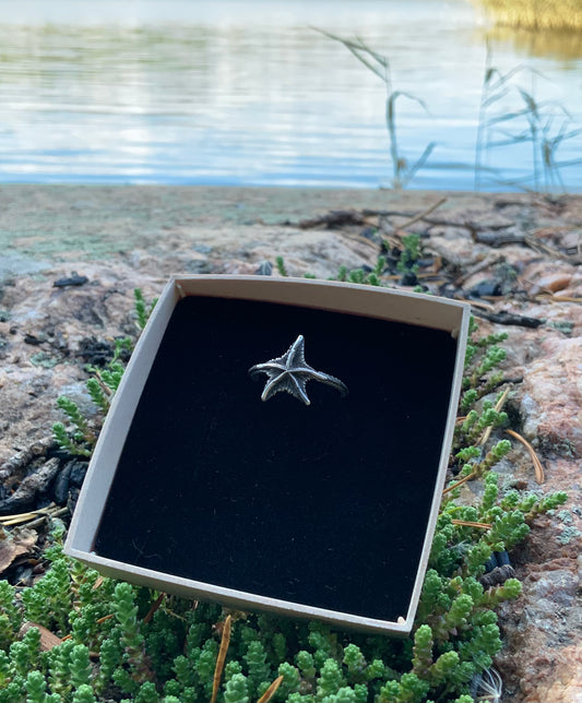 Hopeinen Meritähti-sormus rasiassa rantakalliolla