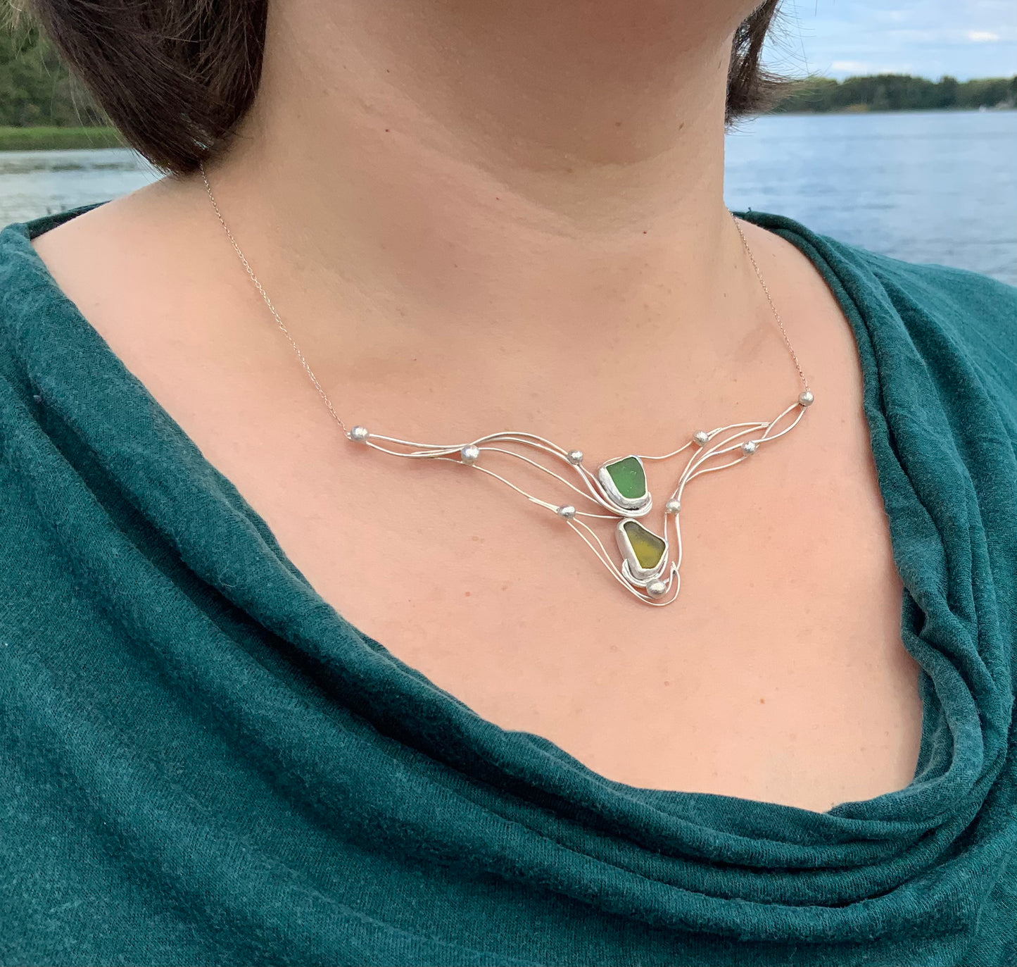 Royal style necklace sea glass silver