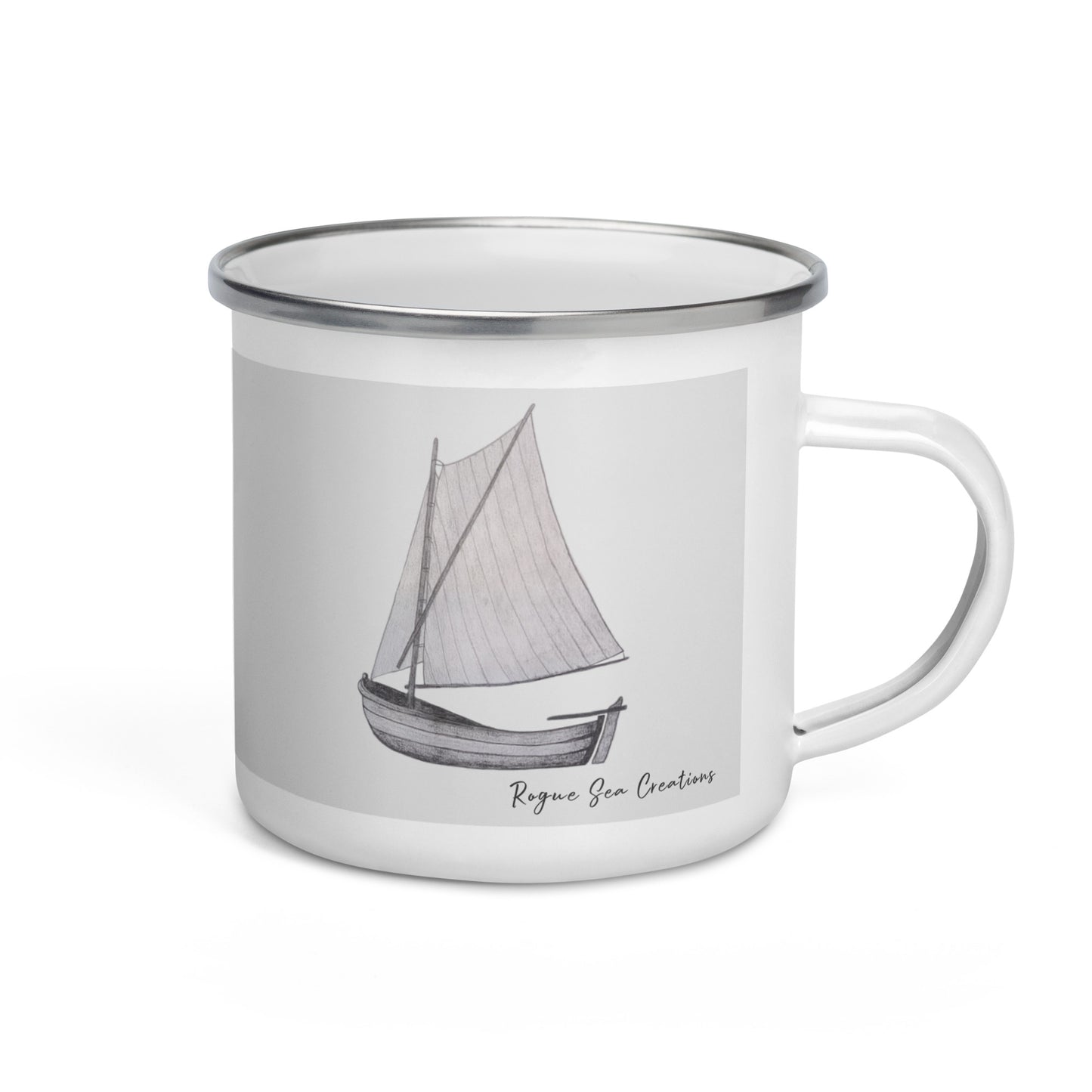 Light grey enamel mug with sailboat drawing