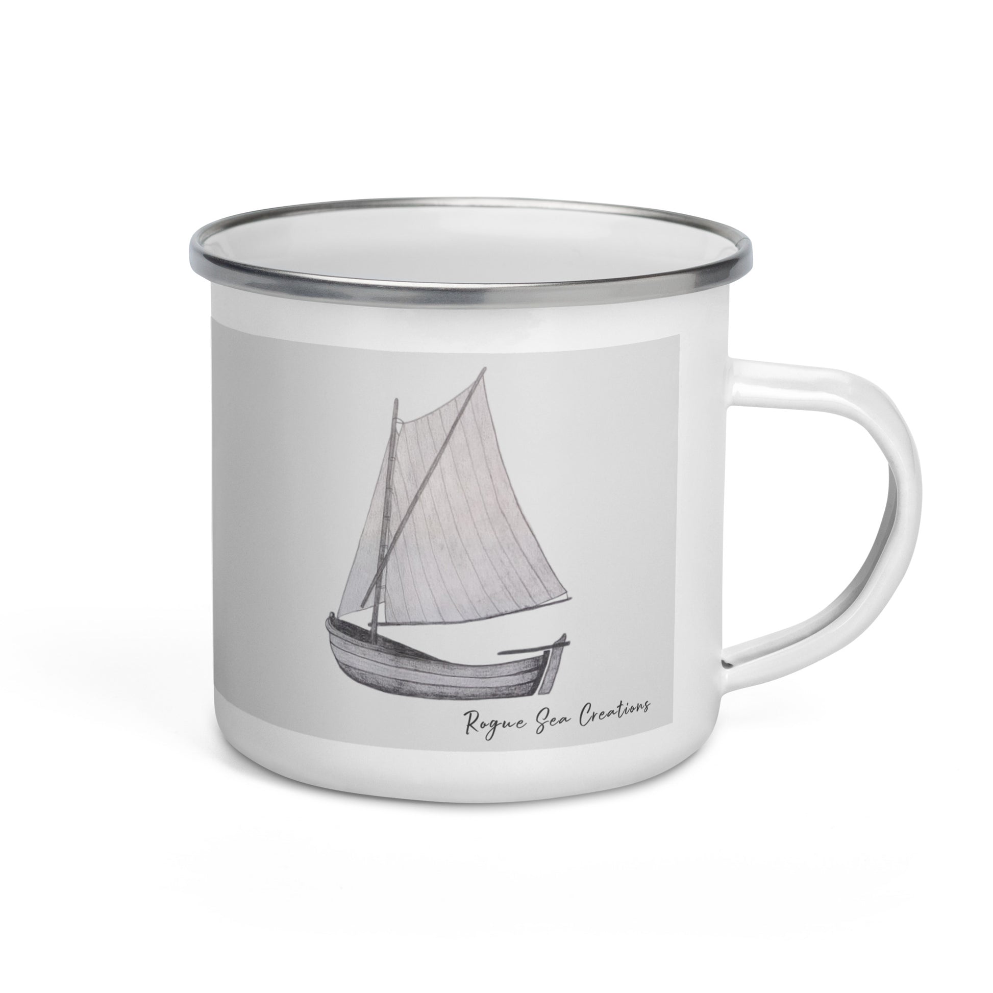 Light grey enamel mug with sailboat drawing