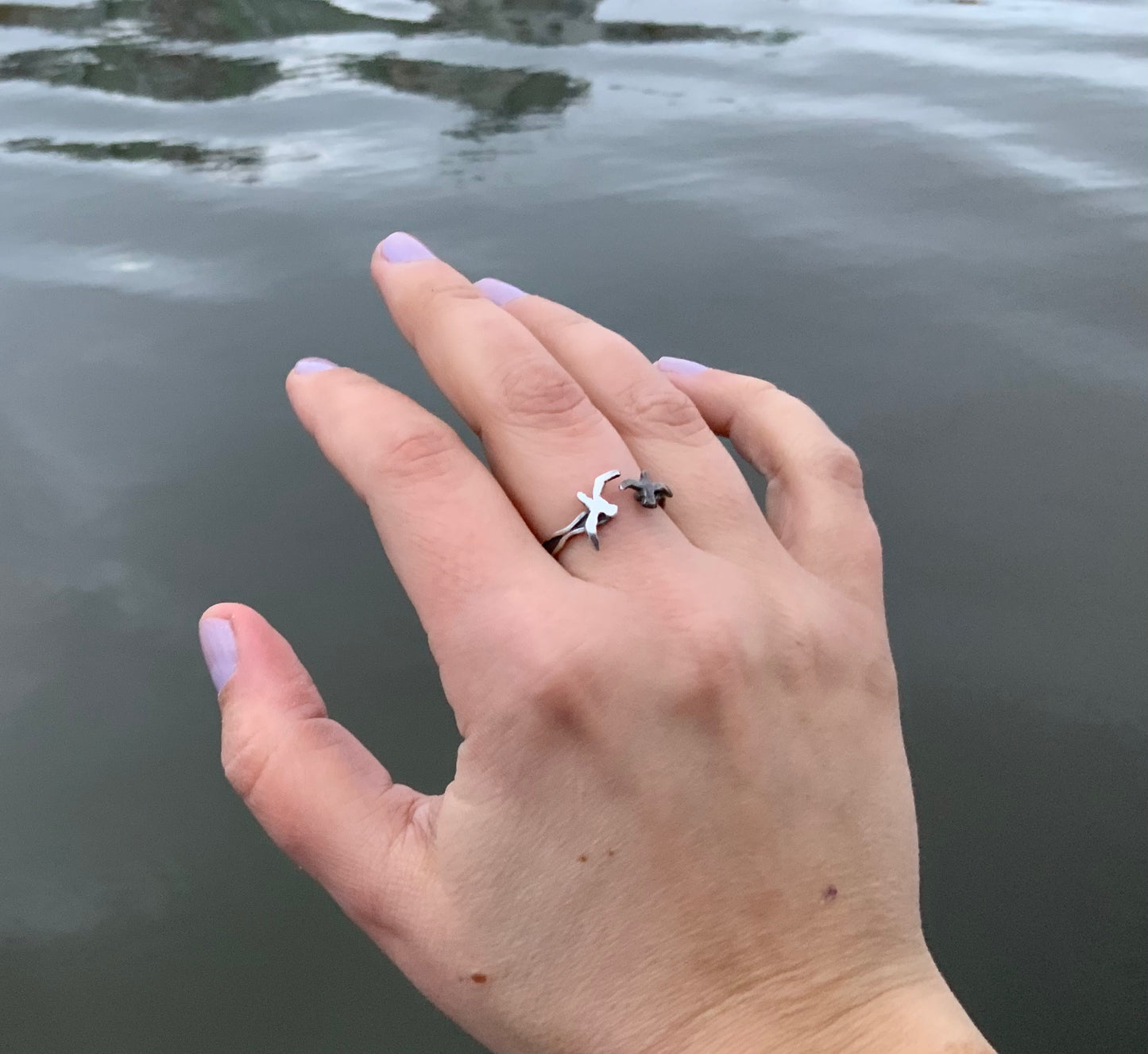 Hand-hammered seagull ring model hand