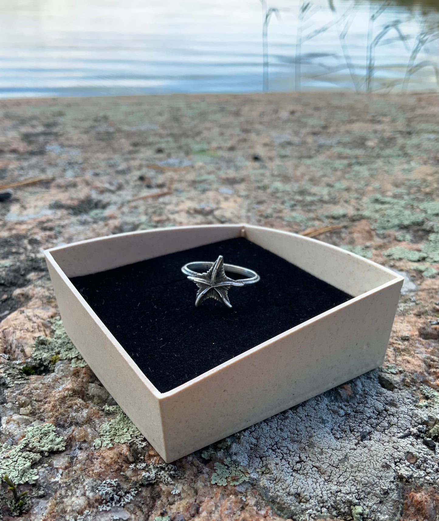 Silver star-shaped ring in a box on a natural stone surface with water in the background