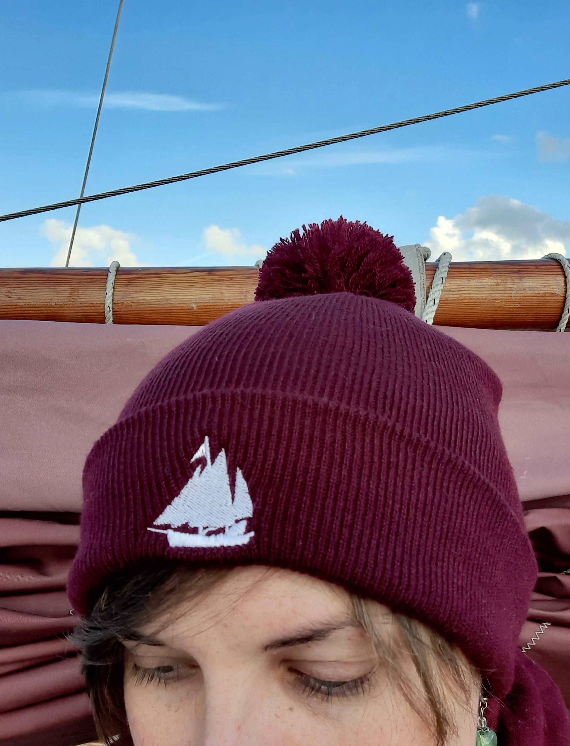 Red nautical beanie Sailing Ship