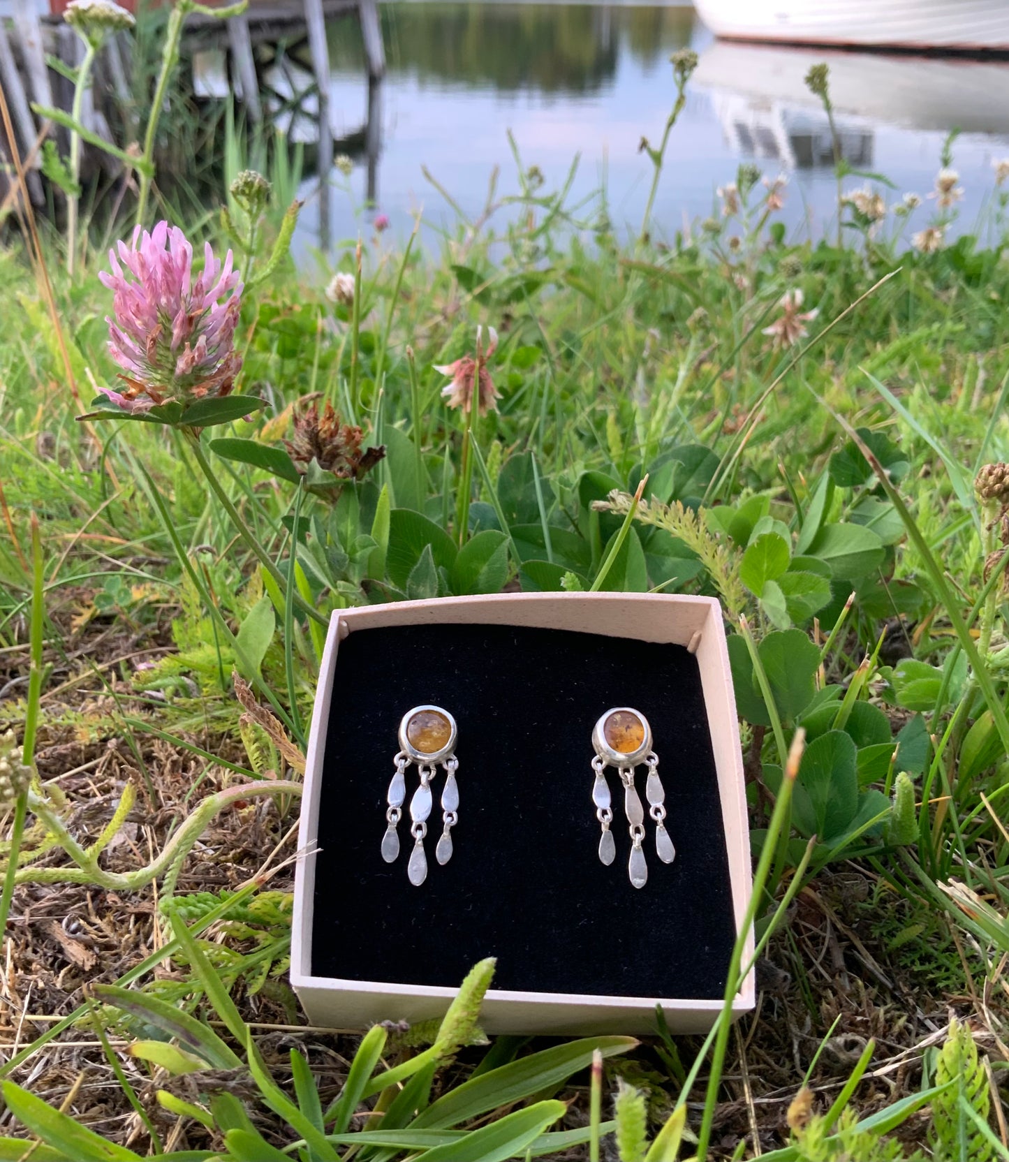 Silver earrings with amber  in a box on grass with flowers and water in the background