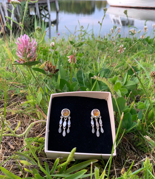 Silver earrings with amber  in a box on grass with flowers and water in the background