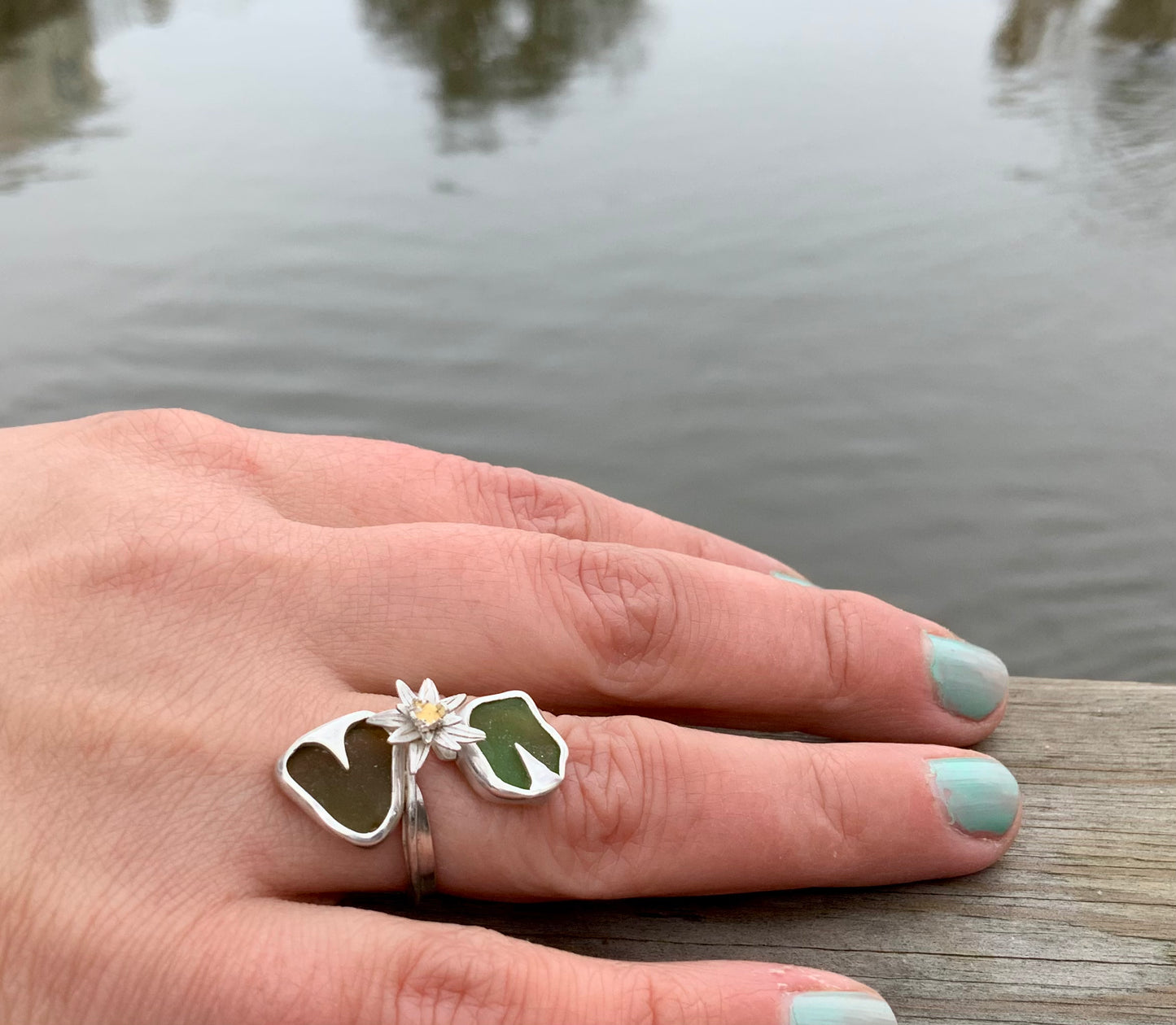 Silver and sea glass Waterlily ring